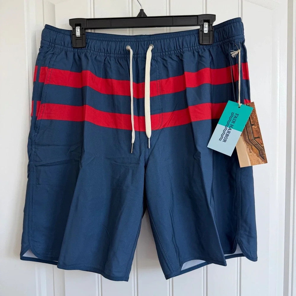 Fair Harbor Mastos Anchor Trunk Red Blue Stripe Men's Swim Large NWT